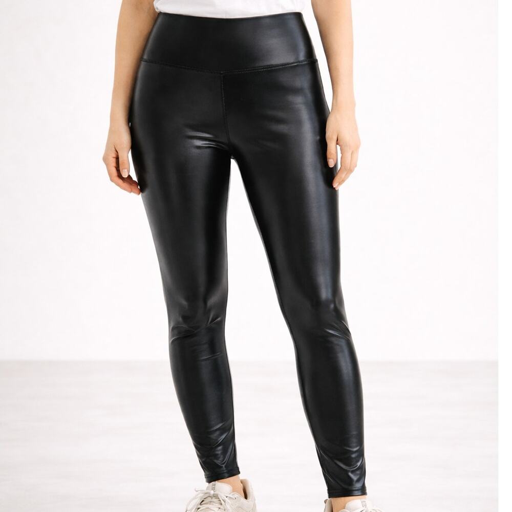 SPANX Commando Faux Leather Leggings Black Women Small High Waisted Glossy Sz S‎